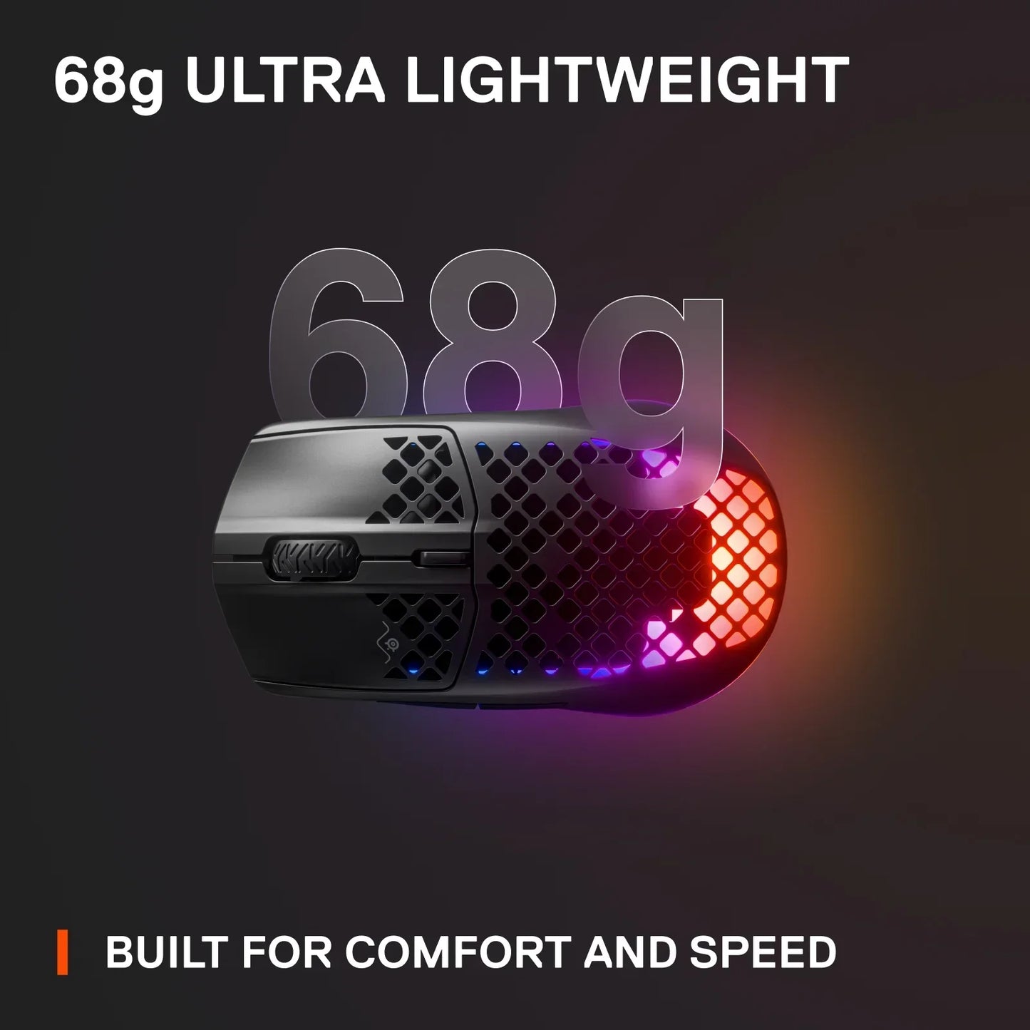 68g ultra lightweight black gaming mouse with honeycomb design and RGB lighting