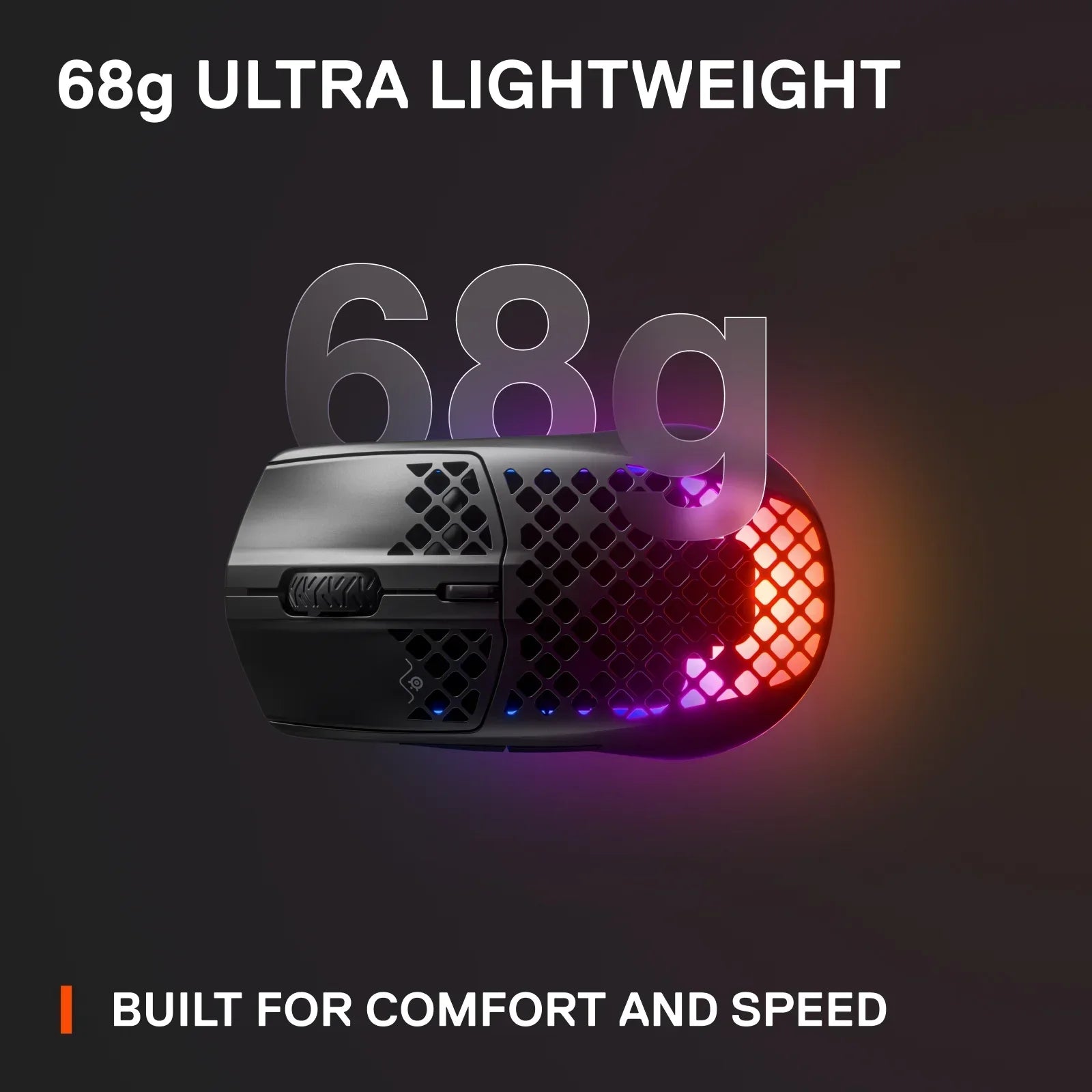 68g ultra lightweight black gaming mouse with honeycomb design and RGB lighting