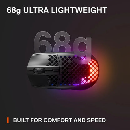 68g ultra lightweight black gaming mouse with honeycomb design and RGB lighting