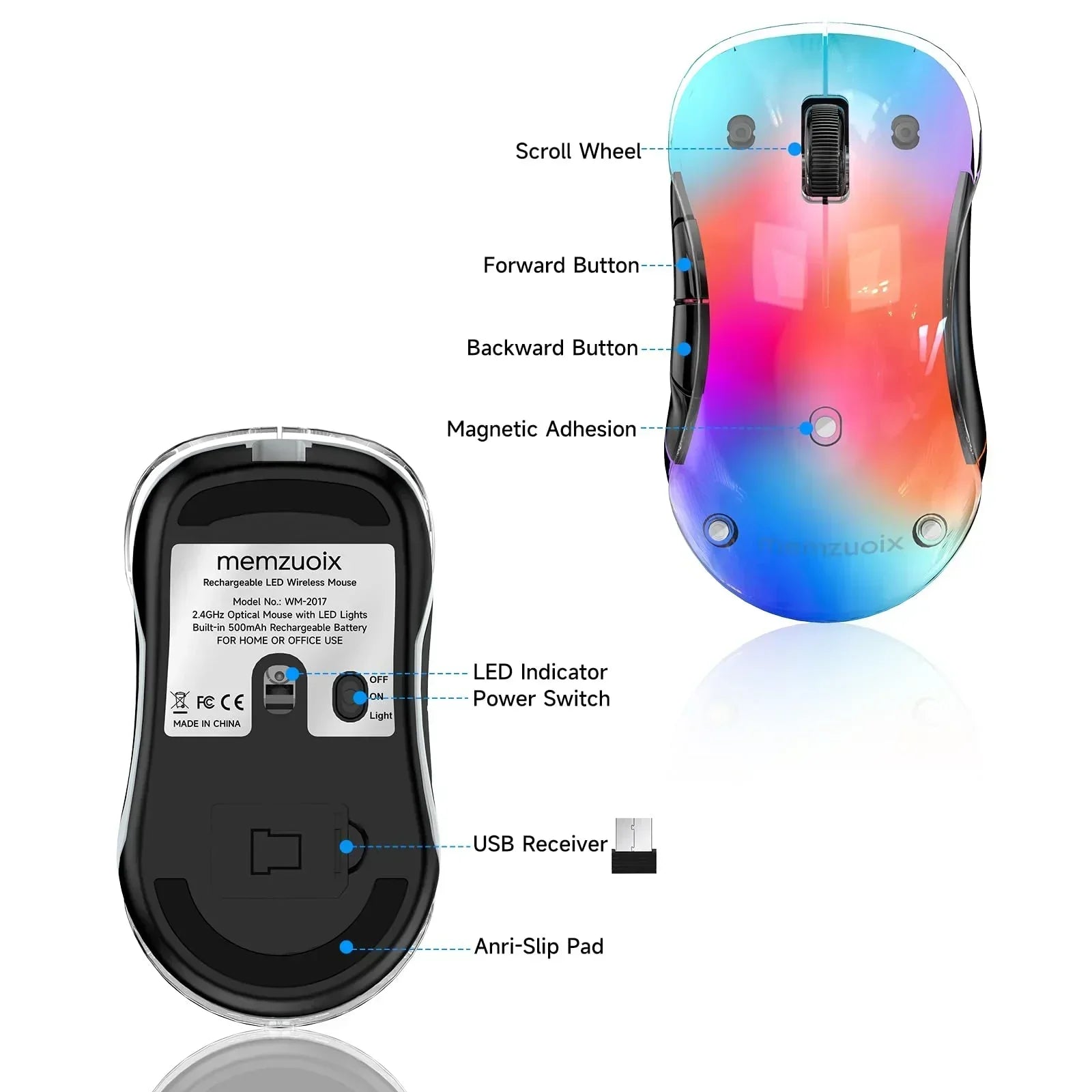 Wireless RGB gaming mouse diagram with labeled features like buttons, scroll wheel, USB receiver.