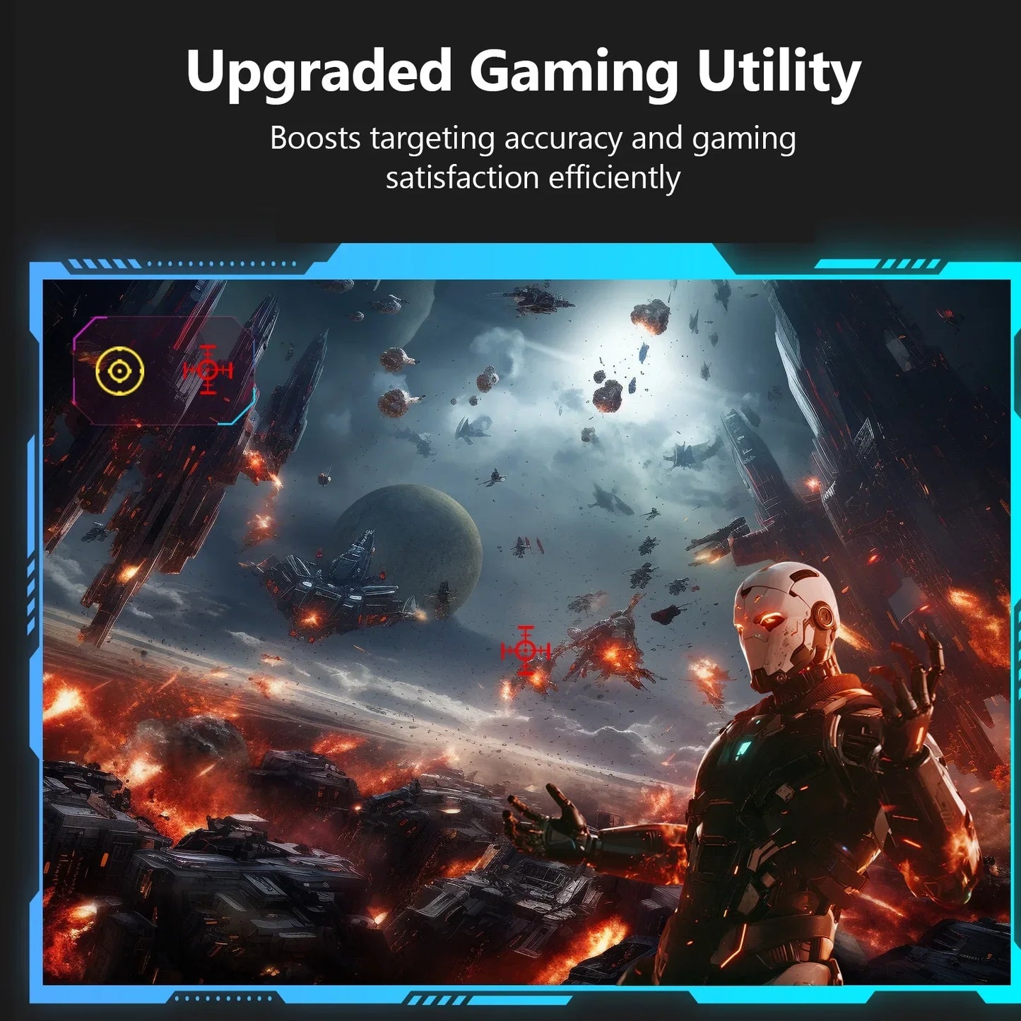 Futuristic robot in armored suit with glowing eyes amid fiery space battle with spaceships and explosions
