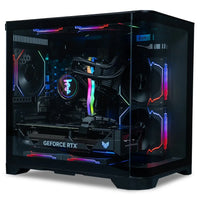 Custom gaming PC with GeForce RTX GPU, RGB-lit fans, liquid cooling, and transparent tempered glass case