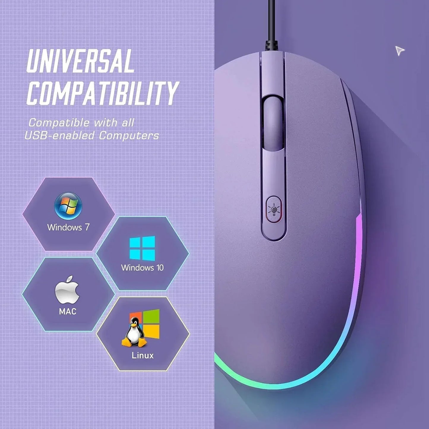 Purple RGB gaming mouse with universal compatibility for Windows, Mac, and Linux systems.
