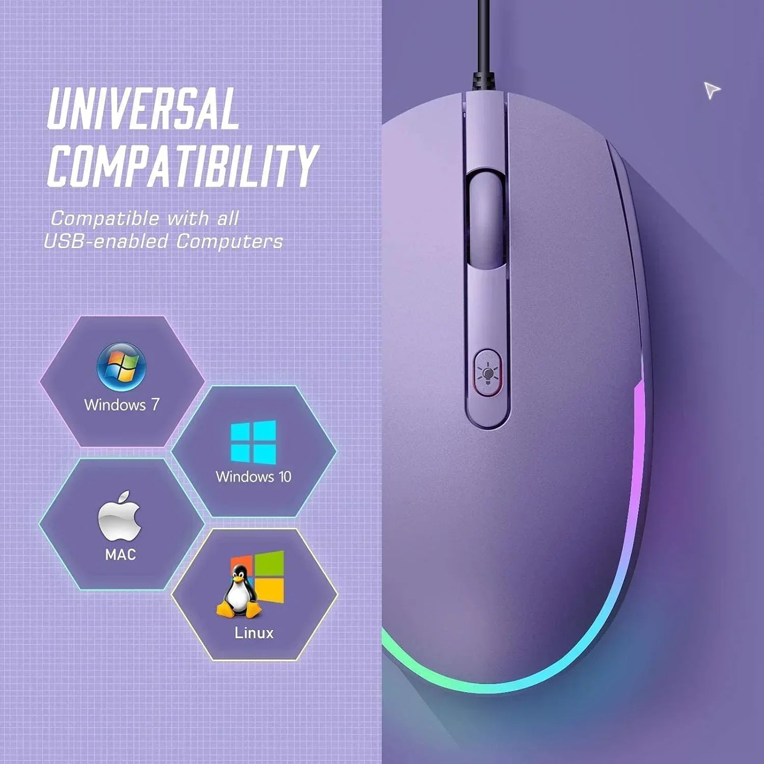 Purple RGB gaming mouse with universal compatibility for Windows, Mac, and Linux systems.