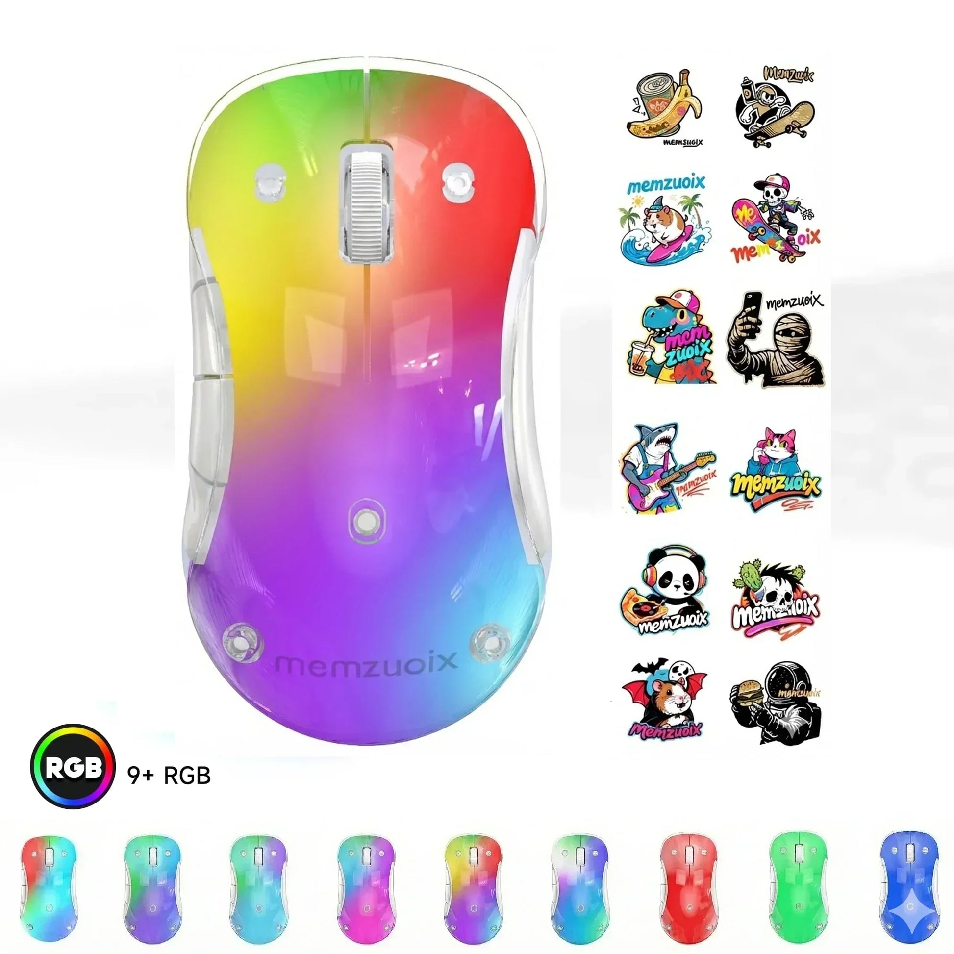 RGB gaming mouse with transparent shell, rainbow gradient colors, and gamer-themed stickers