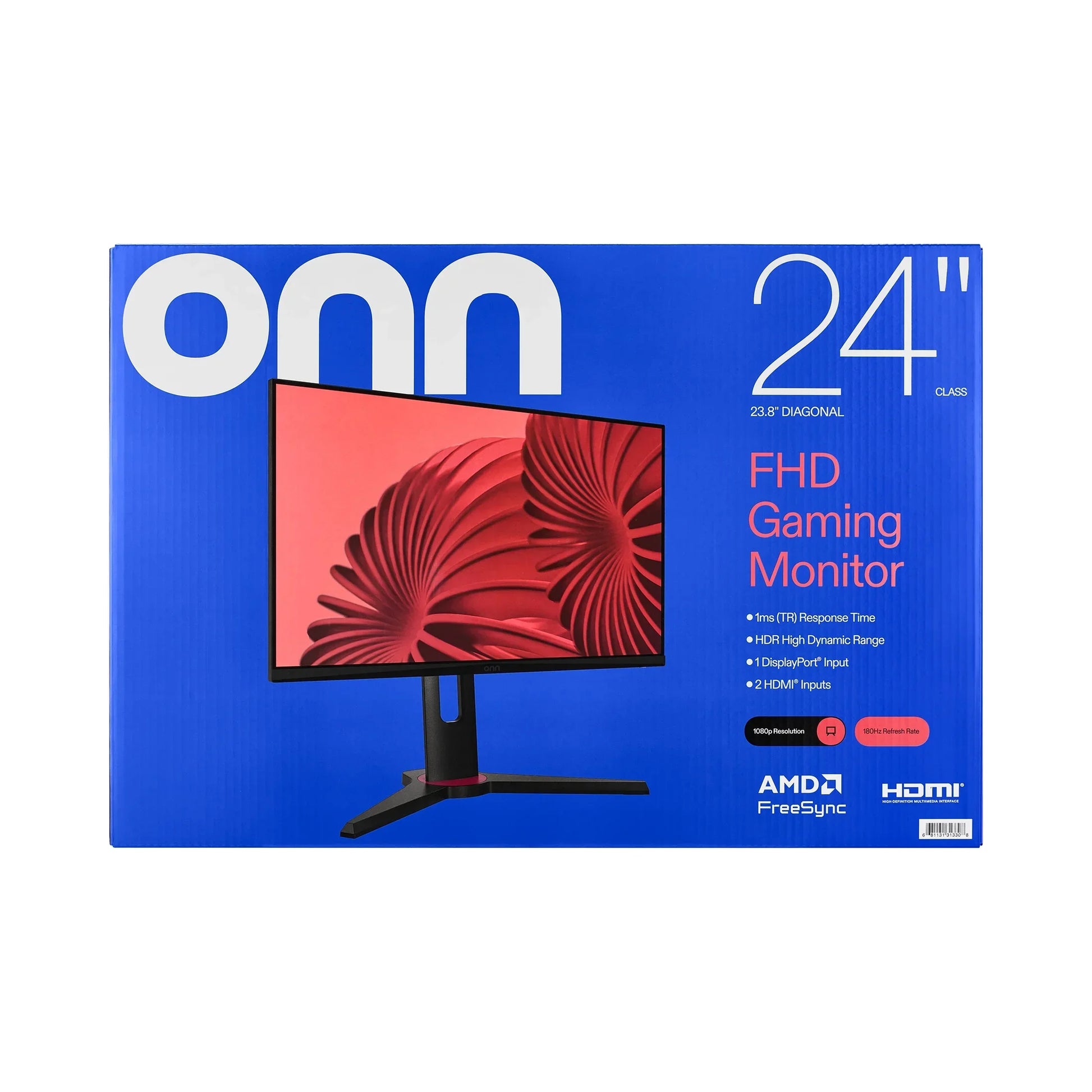 ONN 24-inch FHD gaming monitor box with 1ms response time and AMD FreeSync on blue background