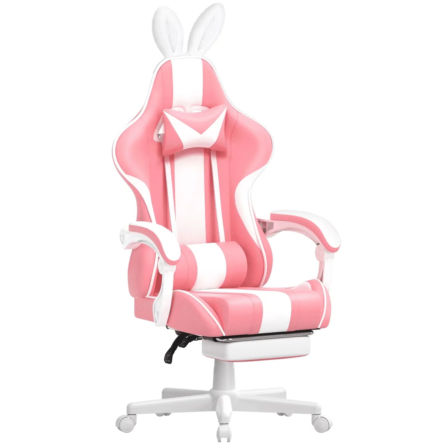 Pink and white gaming chair with bunny ears, ergonomic design for gamers, striped accents, adjustable armrests