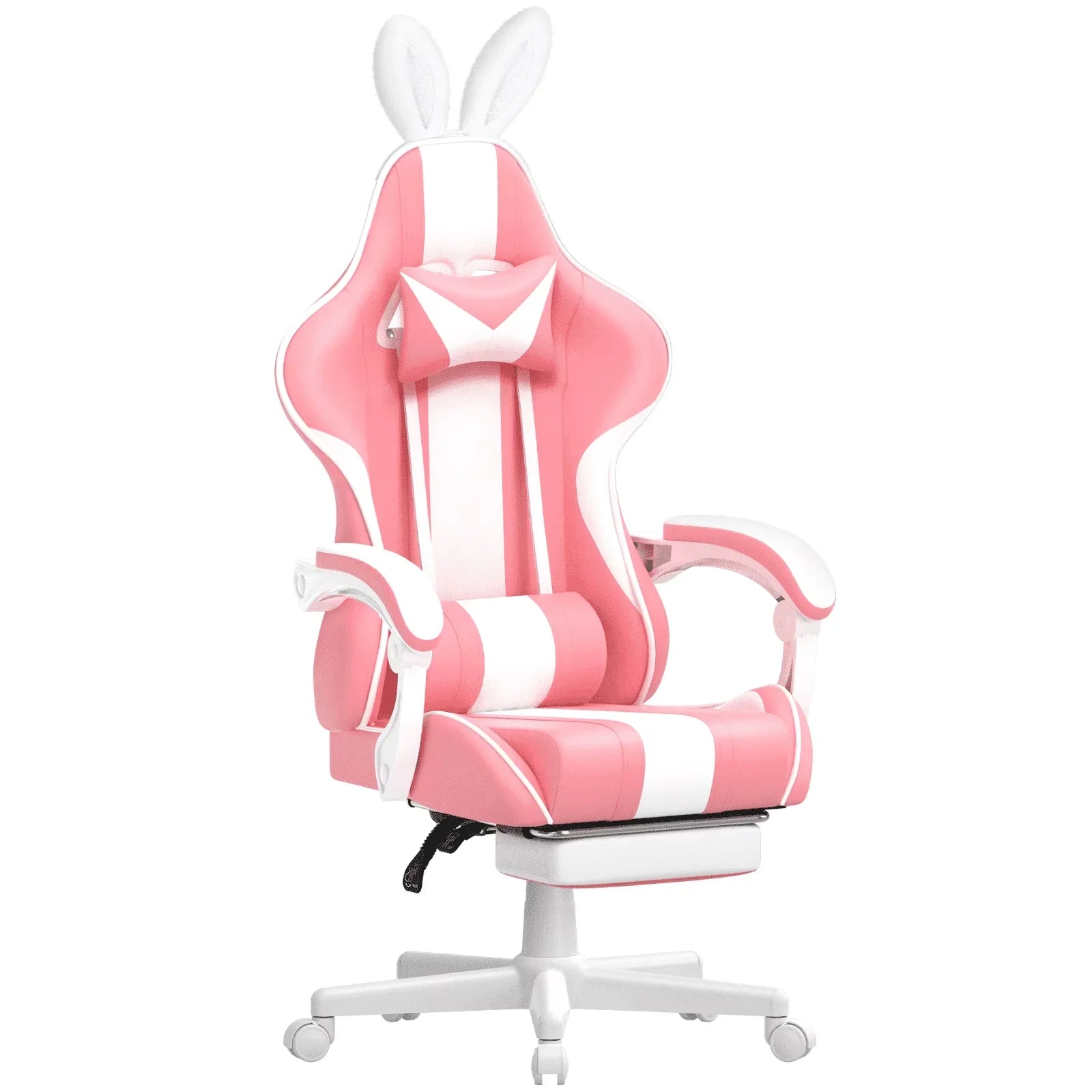 Pink and white gaming chair with bunny ears, ergonomic design for gamers, striped accents, adjustable armrests
