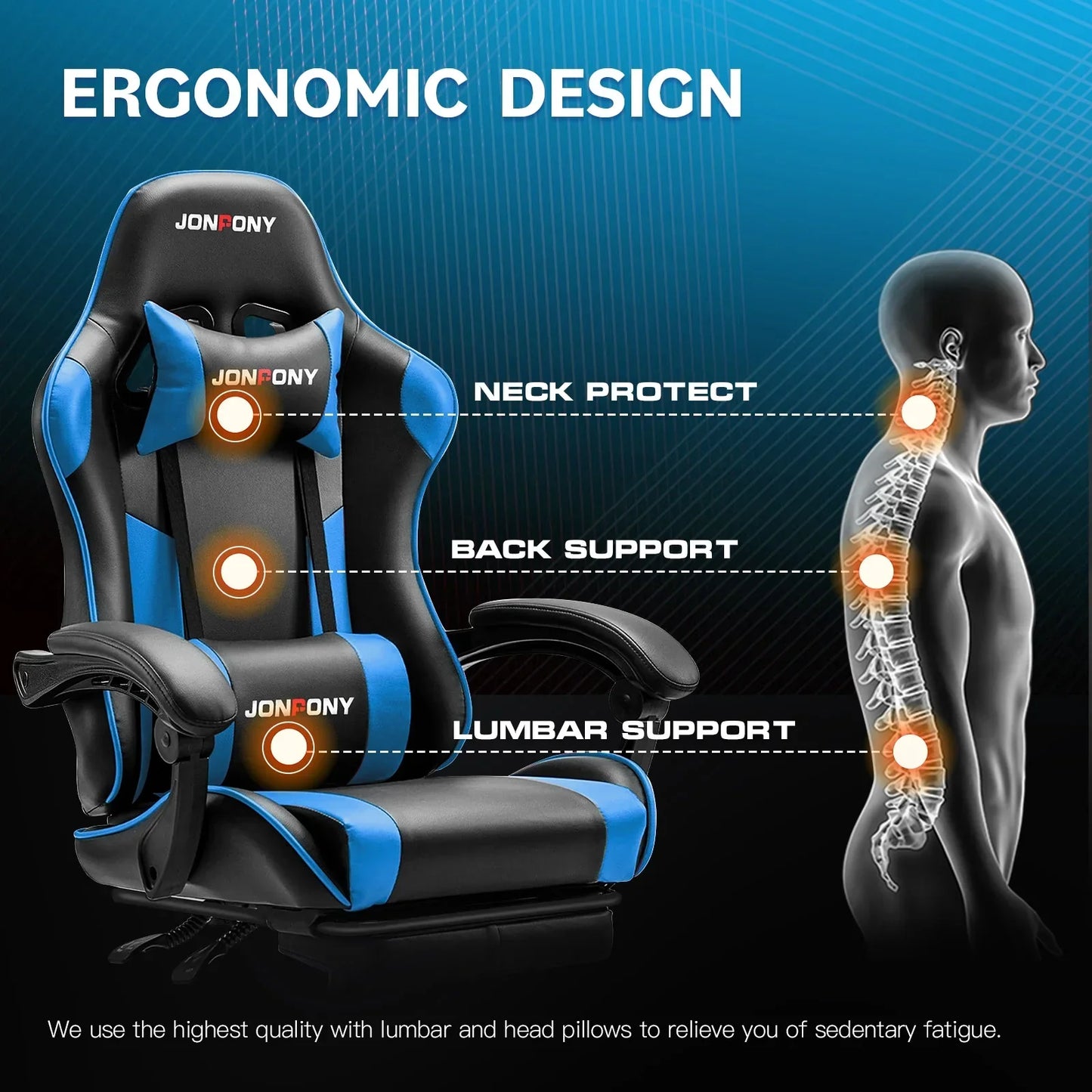 Blue and black ergonomic gaming chair by Jonfony with neck, back, and lumbar support cushions