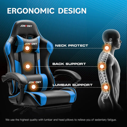 Blue and black ergonomic gaming chair by Jonfony with neck, back, and lumbar support cushions
