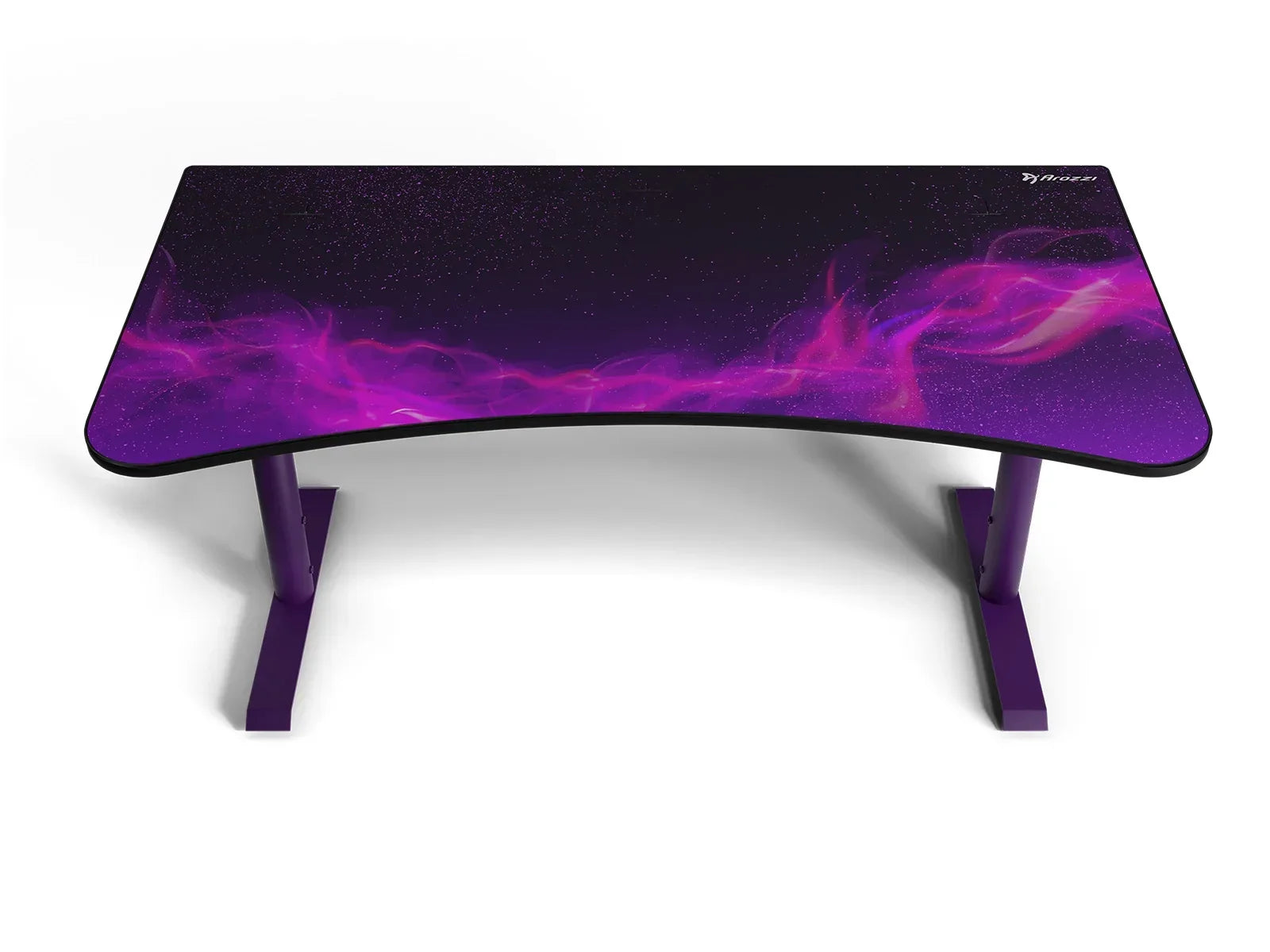 Curved gaming desk with purple starry galaxy and flame design, purple metal legs, Arozzi logo