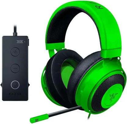 Bright green gaming headset with microphone and inline THX audio control box