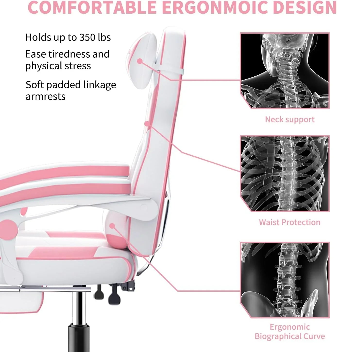 White and pink ergonomic office chair with headrest, armrests, and lumbar support designed for comfort and spinal health
