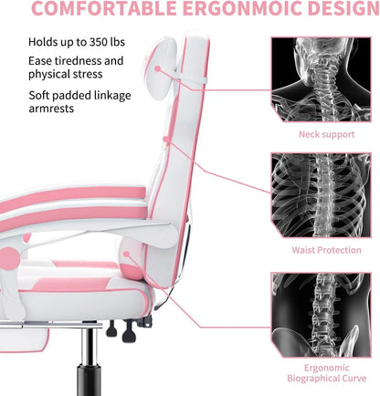 White and pink ergonomic office chair with headrest, armrests, and lumbar support designed for comfort and spinal health