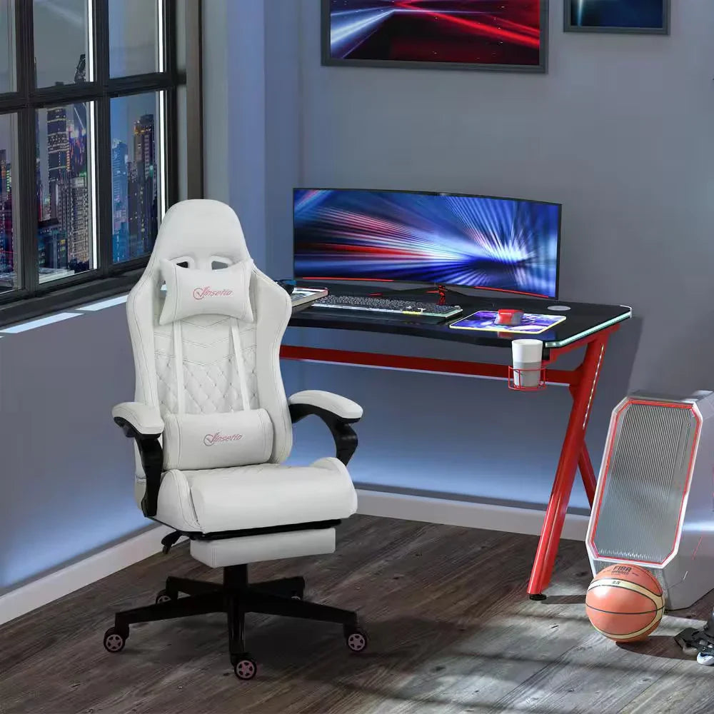White gaming chair with ergonomic design in a modern setup featuring black and red gaming desk and curved monitor
