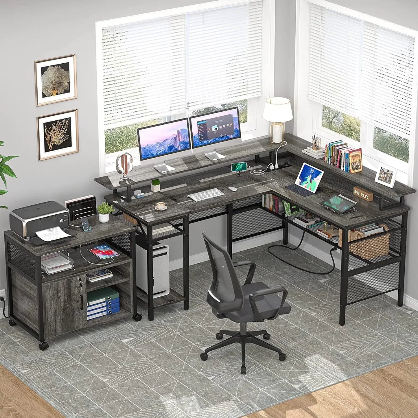L Shaped Desk with Power Outlets and LED Light, 55 Inch Reversible L-Shaped Gaming Desk with Monitor Stand, Ergonomic Corner Computer Desk with Storage Shelf for Home Office, White