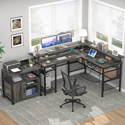 L Shaped Desk with Power Outlets and LED Light, 55 Inch Reversible L-Shaped Gaming Desk with Monitor Stand, Ergonomic Corner Computer Desk with Storage Shelf for Home Office, White