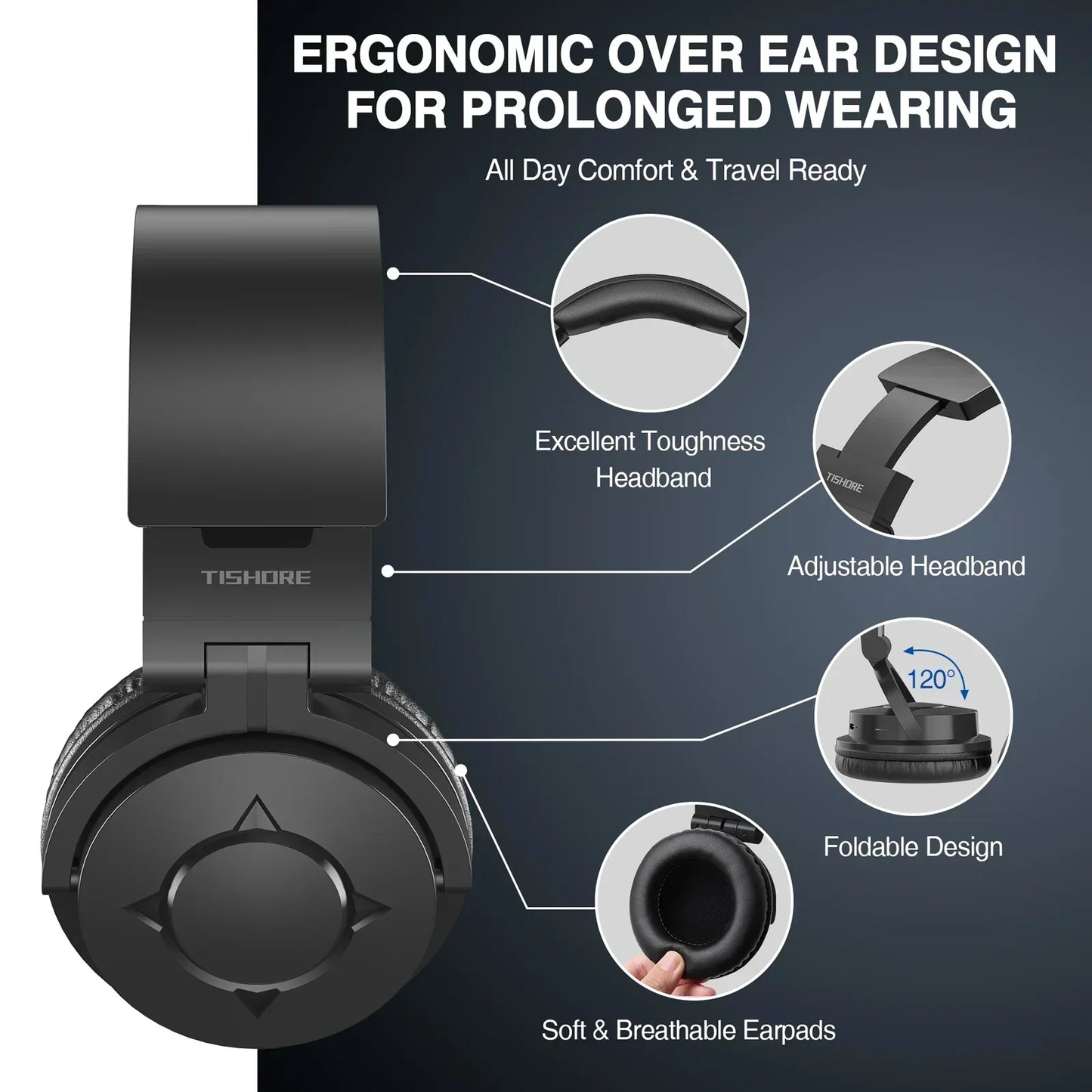 Black over-ear gaming headset with ergonomic design, adjustable headband, foldable build, and soft earpads.