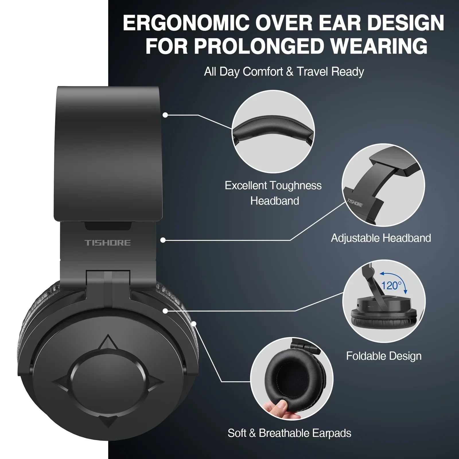 Black over-ear gaming headset with ergonomic design, adjustable headband, foldable build, and soft earpads.