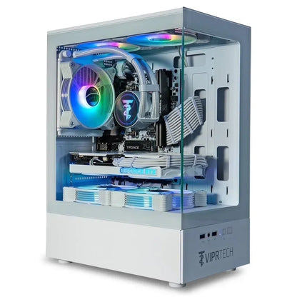 White gaming PC with RGB lighting, tempered glass side panel, GeForce RTX, and custom cooling.