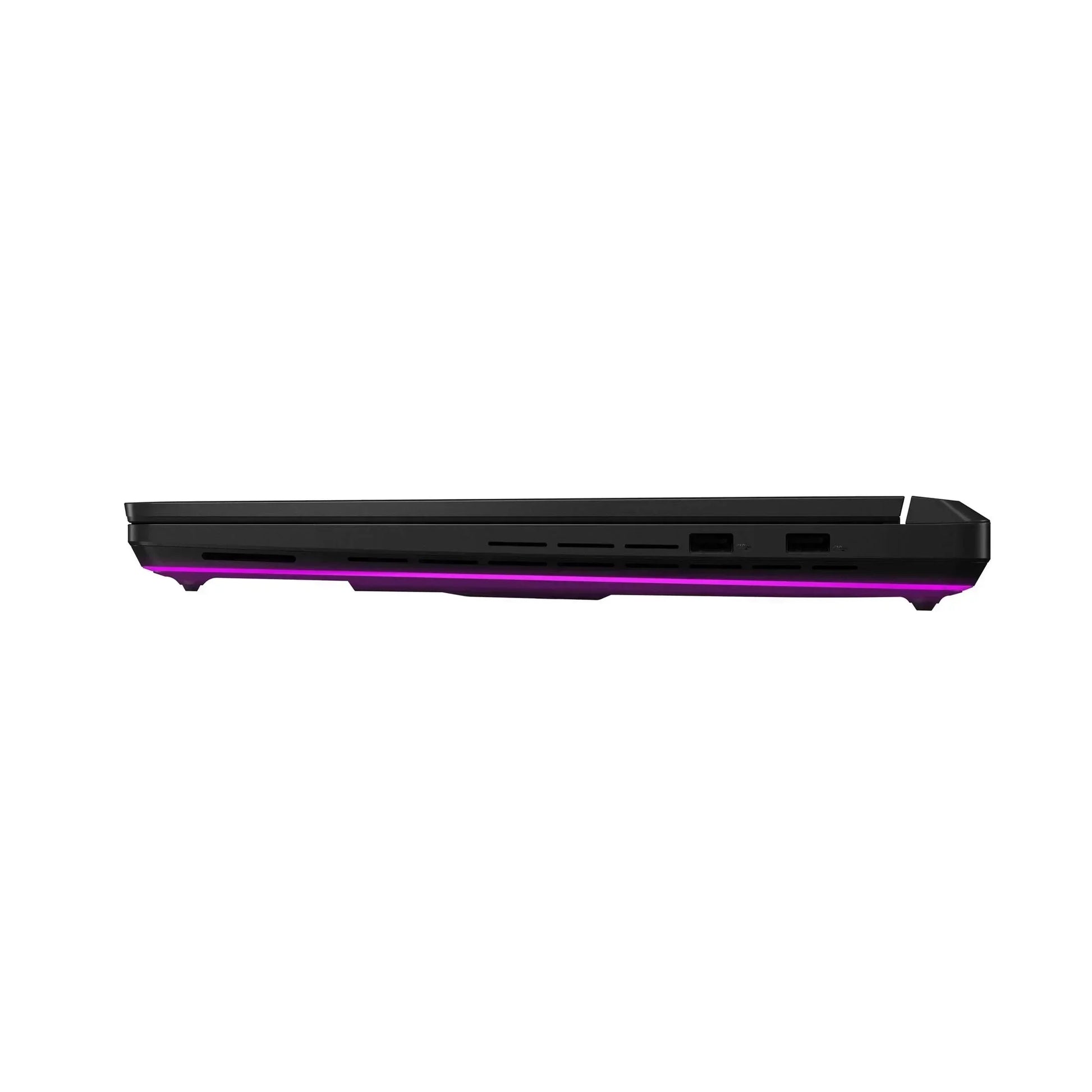 Closed black gaming laptop with purple LED lighting, viewed from the side against white background