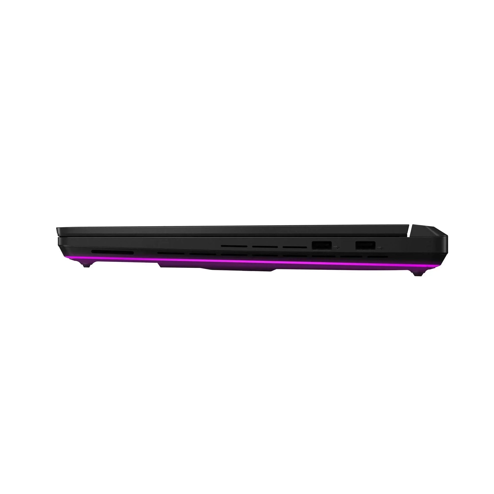 Closed black gaming laptop with purple LED lighting, side view, on white background