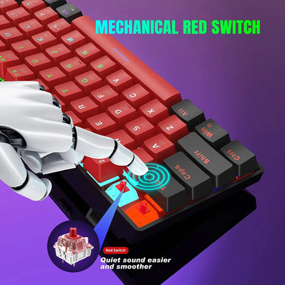 Robot hand pressing red switch mechanical keyboard key on vibrant red and black gaming keyboard with quiet, smooth sound
