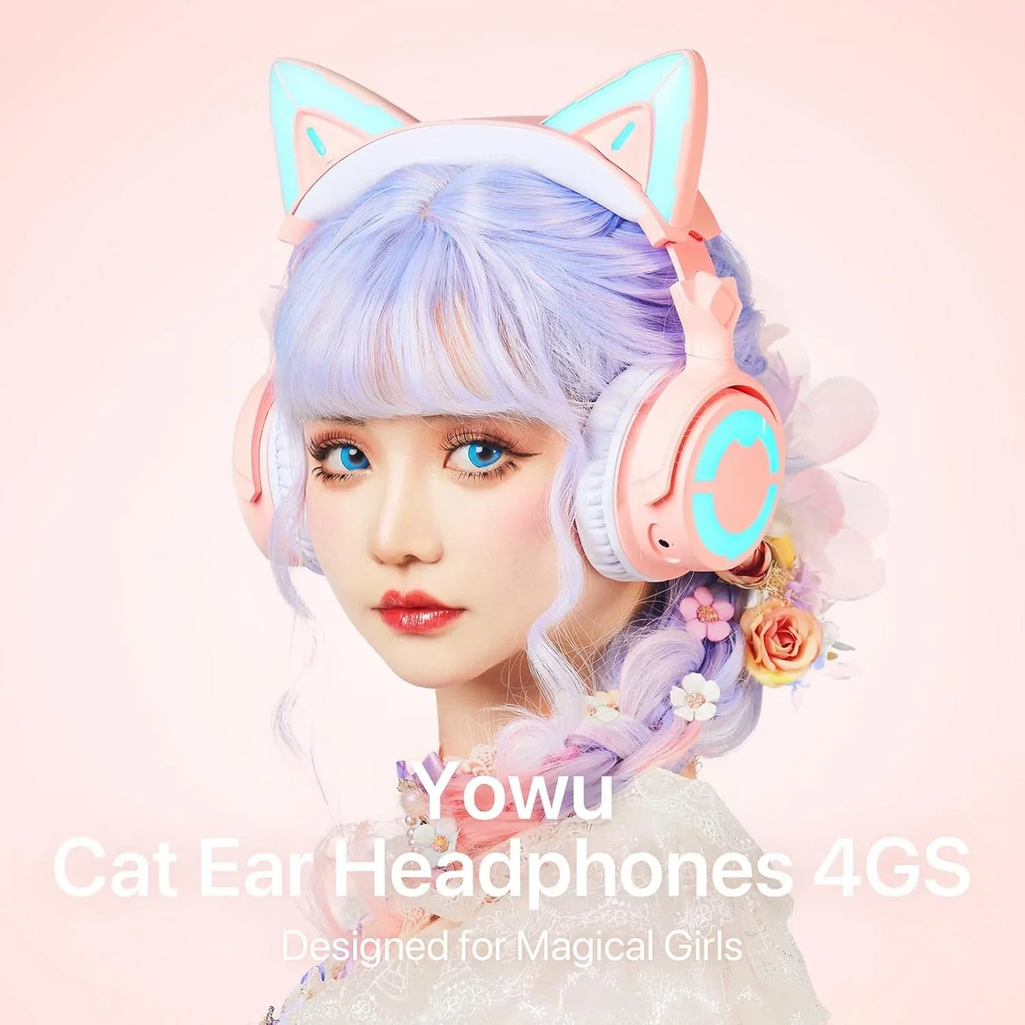 Young woman with pastel purple hair wearing pink and blue cat ear headphones, floral accessories, and lace outfit