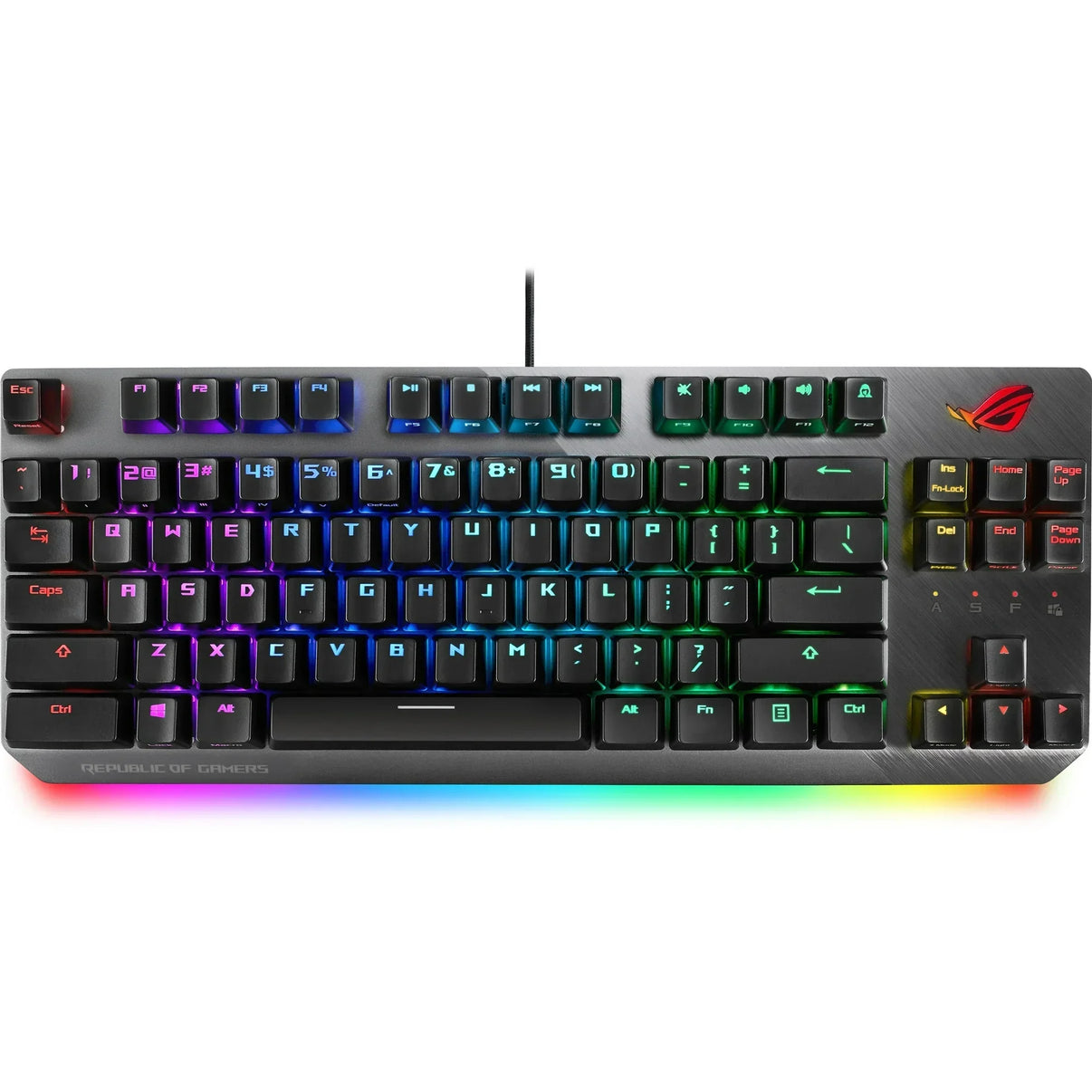 RGB backlit mechanical gaming keyboard with Republic of Gamers branding and multi-color lighting