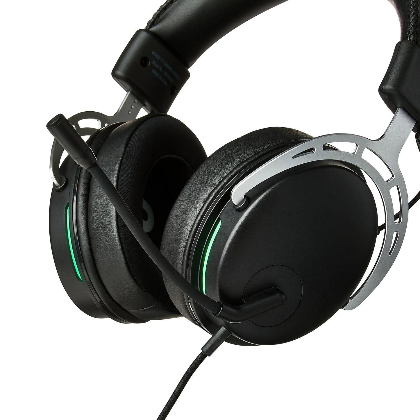 Black over-ear gaming headset with padded ear cups, adjustable microphone, and green LED accents