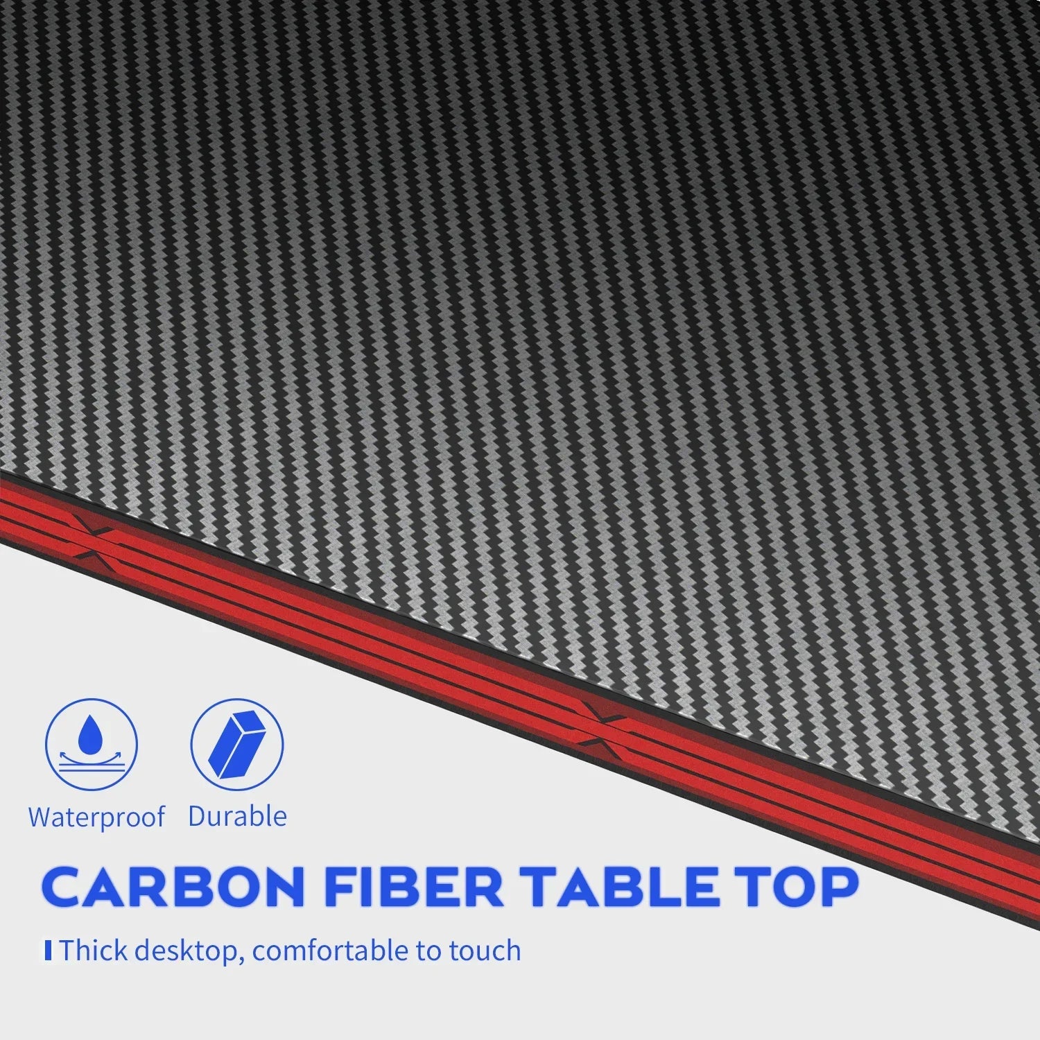 Close-up of a waterproof, durable carbon fiber tabletop with red edges and a textured pattern