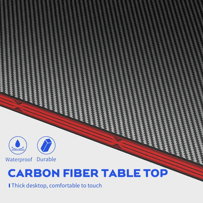 Close-up of a waterproof, durable carbon fiber tabletop with red edges and a textured pattern