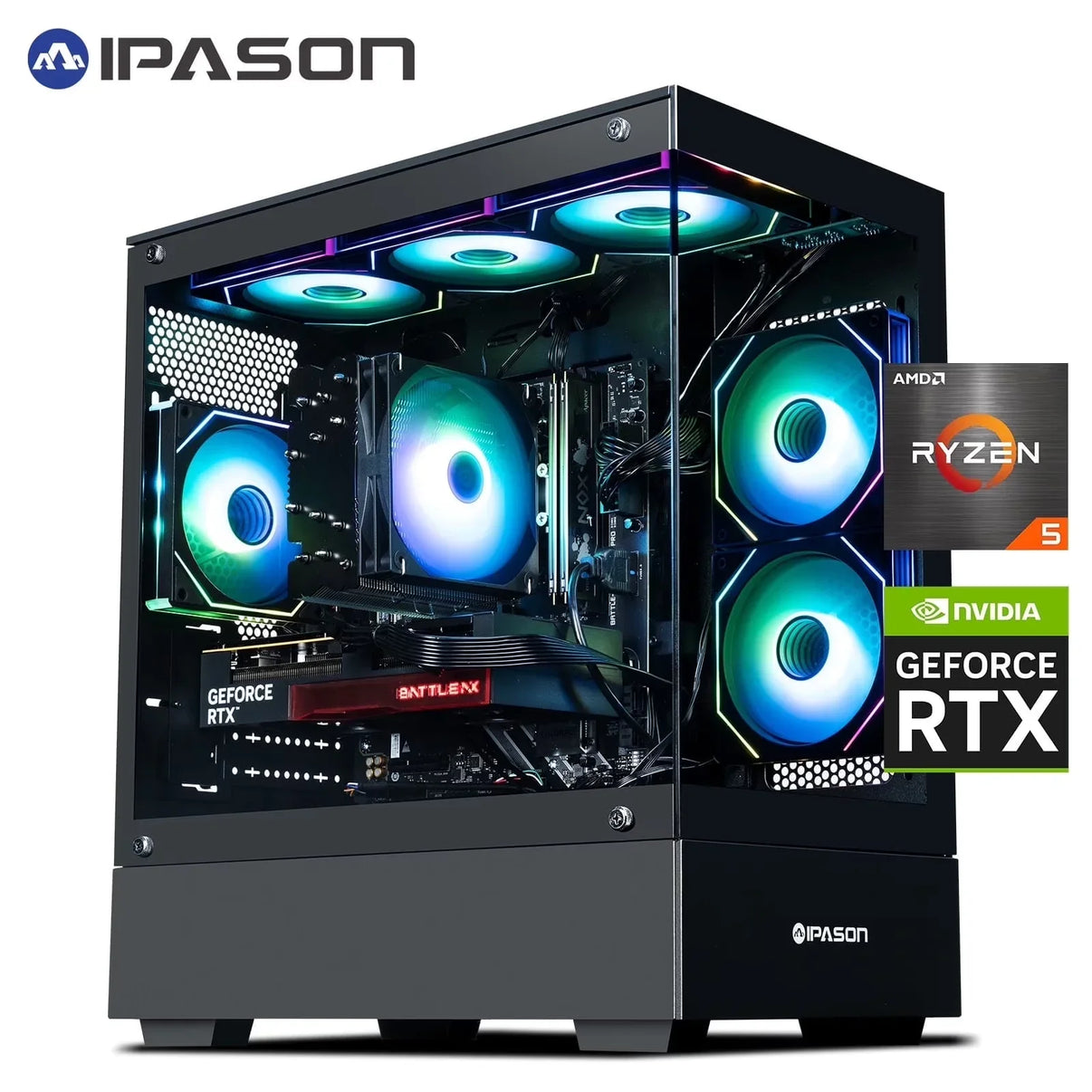 IPASON gaming PC with AMD Ryzen 5 and NVIDIA GeForce RTX, RGB cooling fans in black case