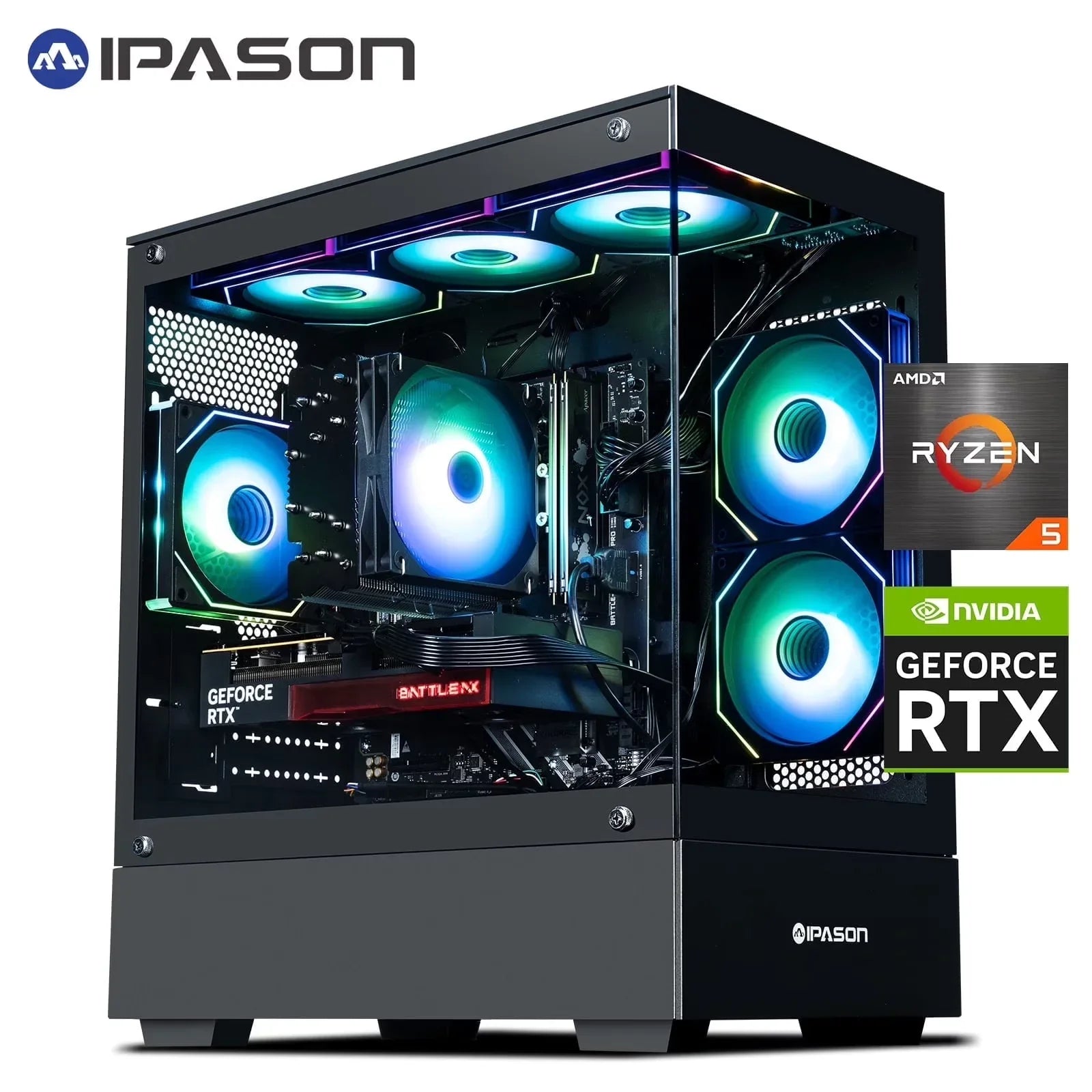 IPASON gaming PC with AMD Ryzen 5 and NVIDIA GeForce RTX, RGB cooling fans in black case