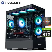 IPASON gaming PC with AMD Ryzen 5 and NVIDIA GeForce RTX, RGB cooling fans in black case