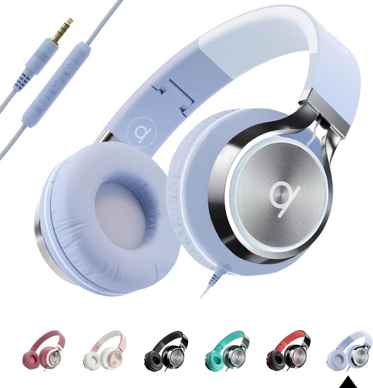 Wired over-ear gaming headset in pastel blue with cushioned ear pads, mic, and color options