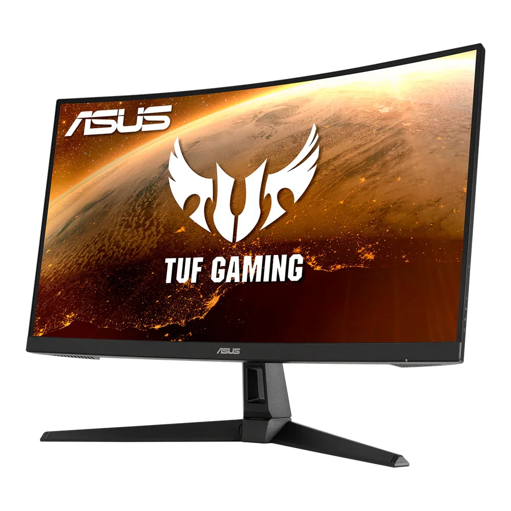 ASUS TUF Gaming curved monitor with space-themed orange and black screen design