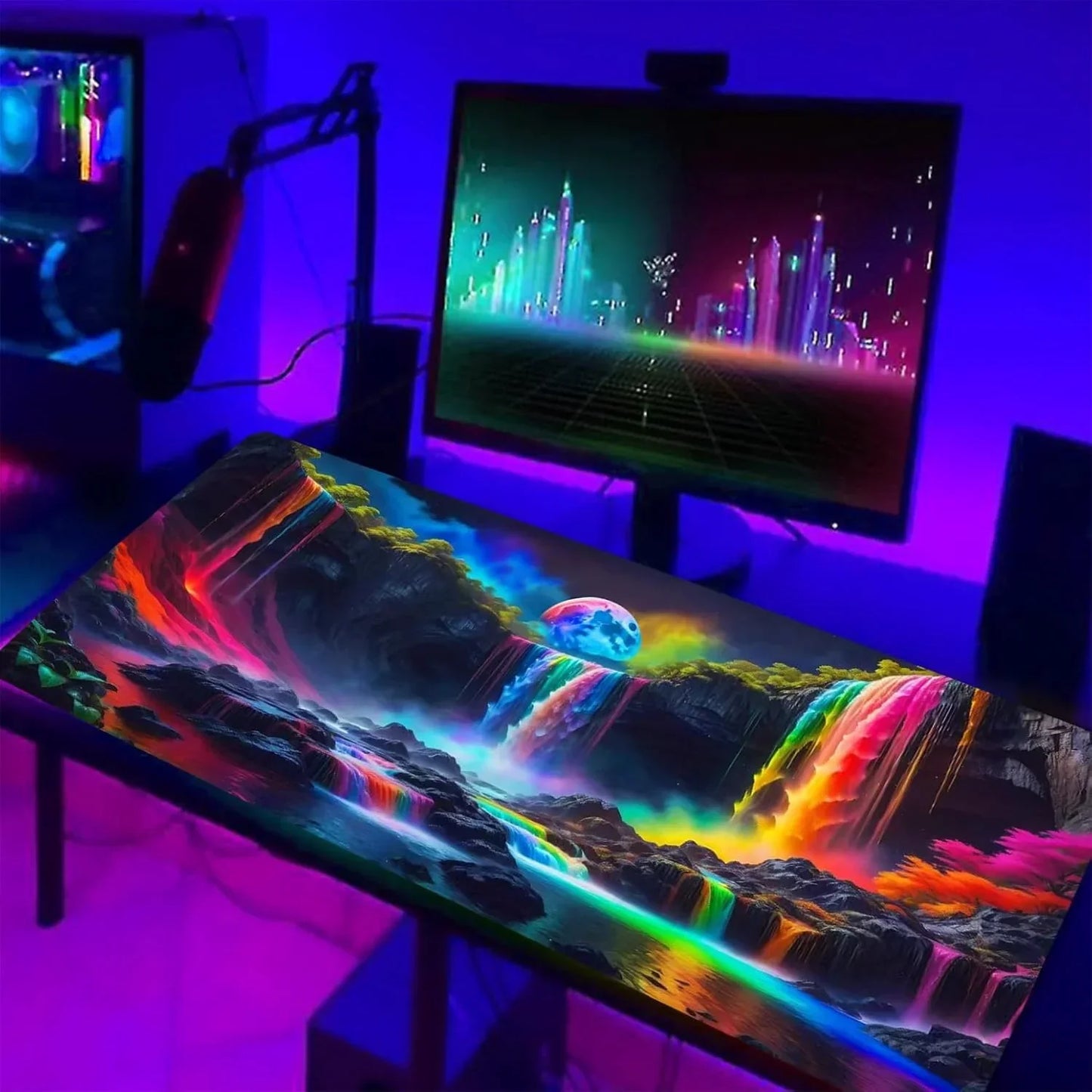 Gaming desk setup with vibrant RGB lighting, colorful neon waterfall mousepad, microphone arm, and digital cityscape on monitor