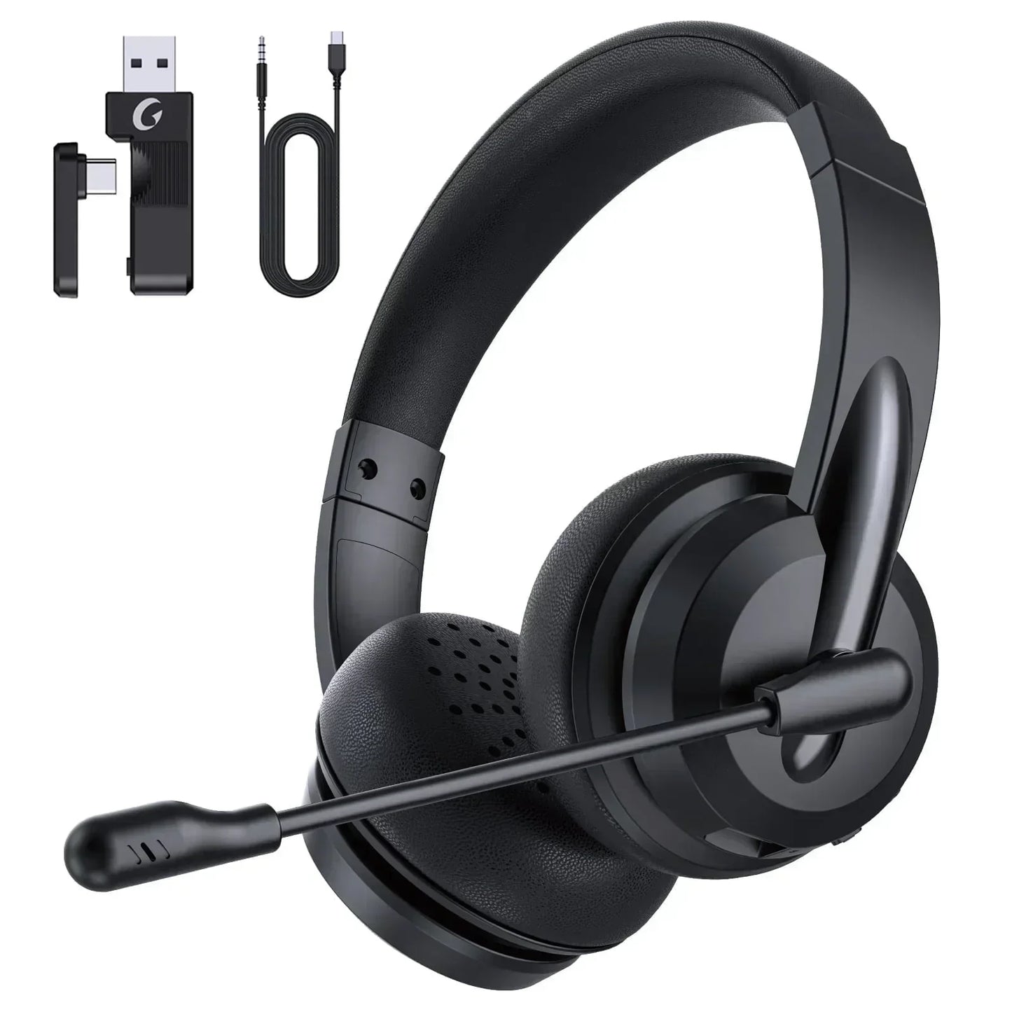 2.4Ghz Wireless Headset with Microphone for Work with AI Noise Cancelling & Mic Mute, Bluetooth V5.3 Headphones with Microphone for Computer, Mac, Laptop, Phone, Zoom, Call Center - White