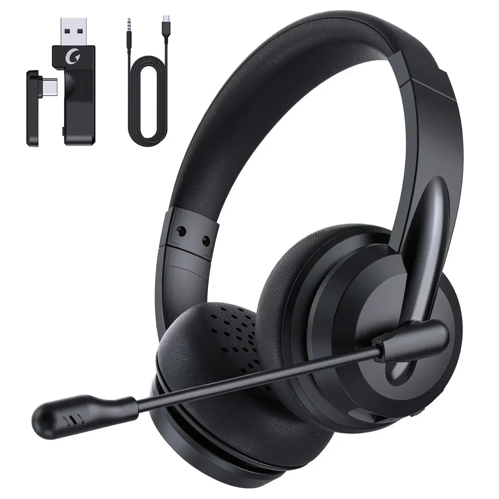 2.4Ghz Wireless Headset with Microphone for Work with AI Noise Cancelling & Mic Mute, Bluetooth V5.3 Headphones with Microphone for Computer, Mac, Laptop, Phone, Zoom, Call Center - White