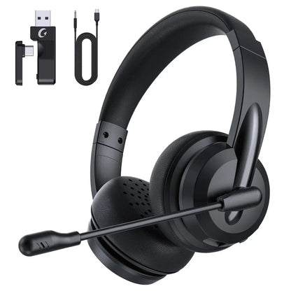 2.4Ghz Wireless Headset with Microphone for Work with AI Noise Cancelling & Mic Mute, Bluetooth V5.3 Headphones with Microphone for Computer, Mac, Laptop, Phone, Zoom, Call Center - White