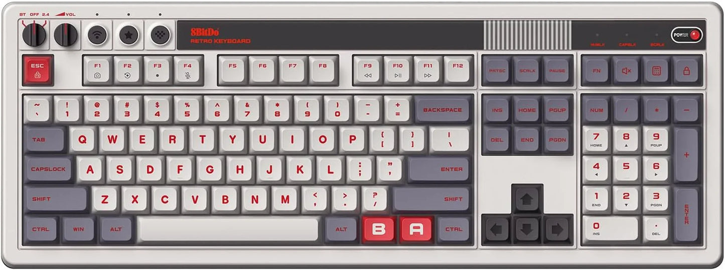 8BitDo retro mechanical keyboard with gray, white, and red keys, gaming style design