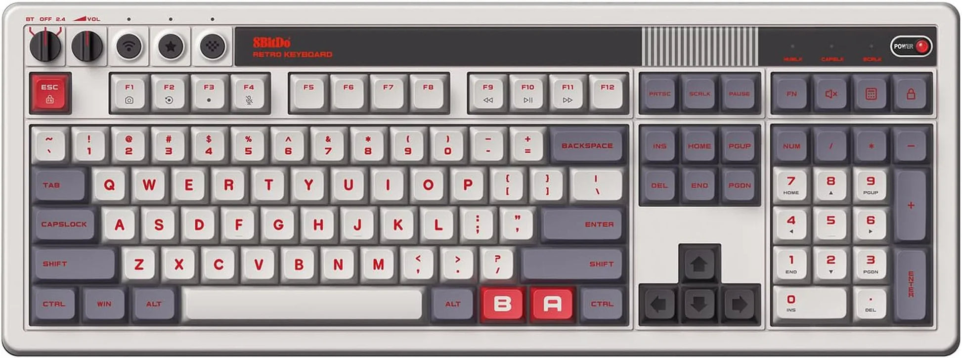 8BitDo retro mechanical keyboard with gray, white, and red keys, gaming style design