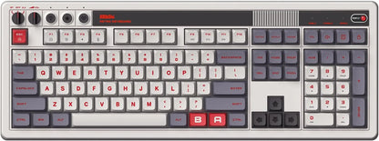 8BitDo retro mechanical keyboard with gray, white, and red keys, gaming style design