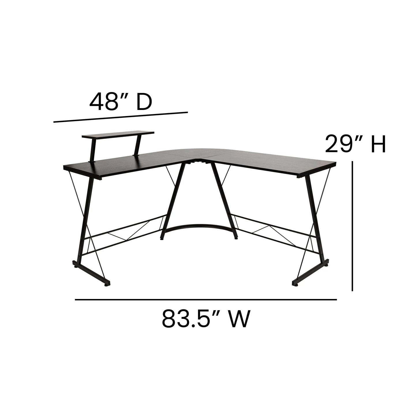 Modern black L-shaped corner desk with metal frame and raised shelf, dimensions 83.5"W x 48"D x 29"H