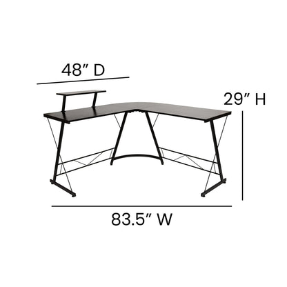 Modern black L-shaped corner desk with metal frame and raised shelf, dimensions 83.5"W x 48"D x 29"H