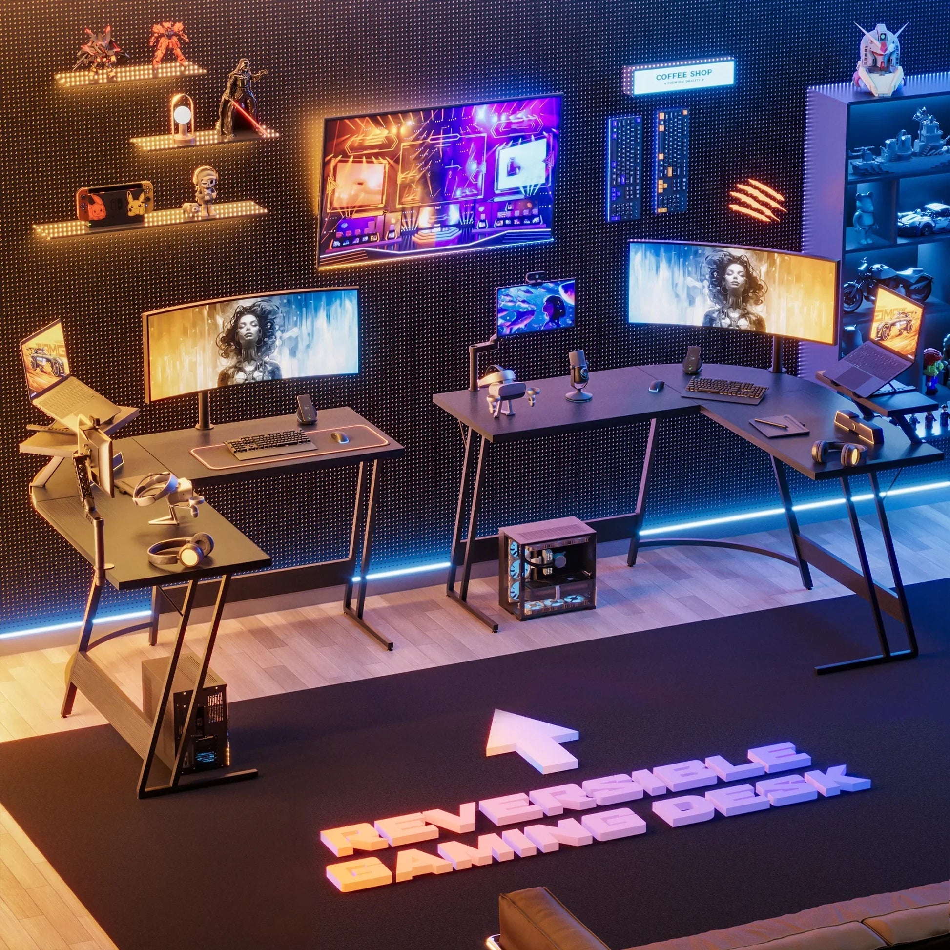 Modern gaming setup with dual curved monitors, RGB lighting, gaming accessories, and collectible figures on shelves
