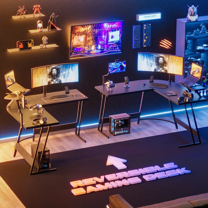 Modern gaming setup with dual curved monitors, RGB lighting, gaming accessories, and collectible figures on shelves