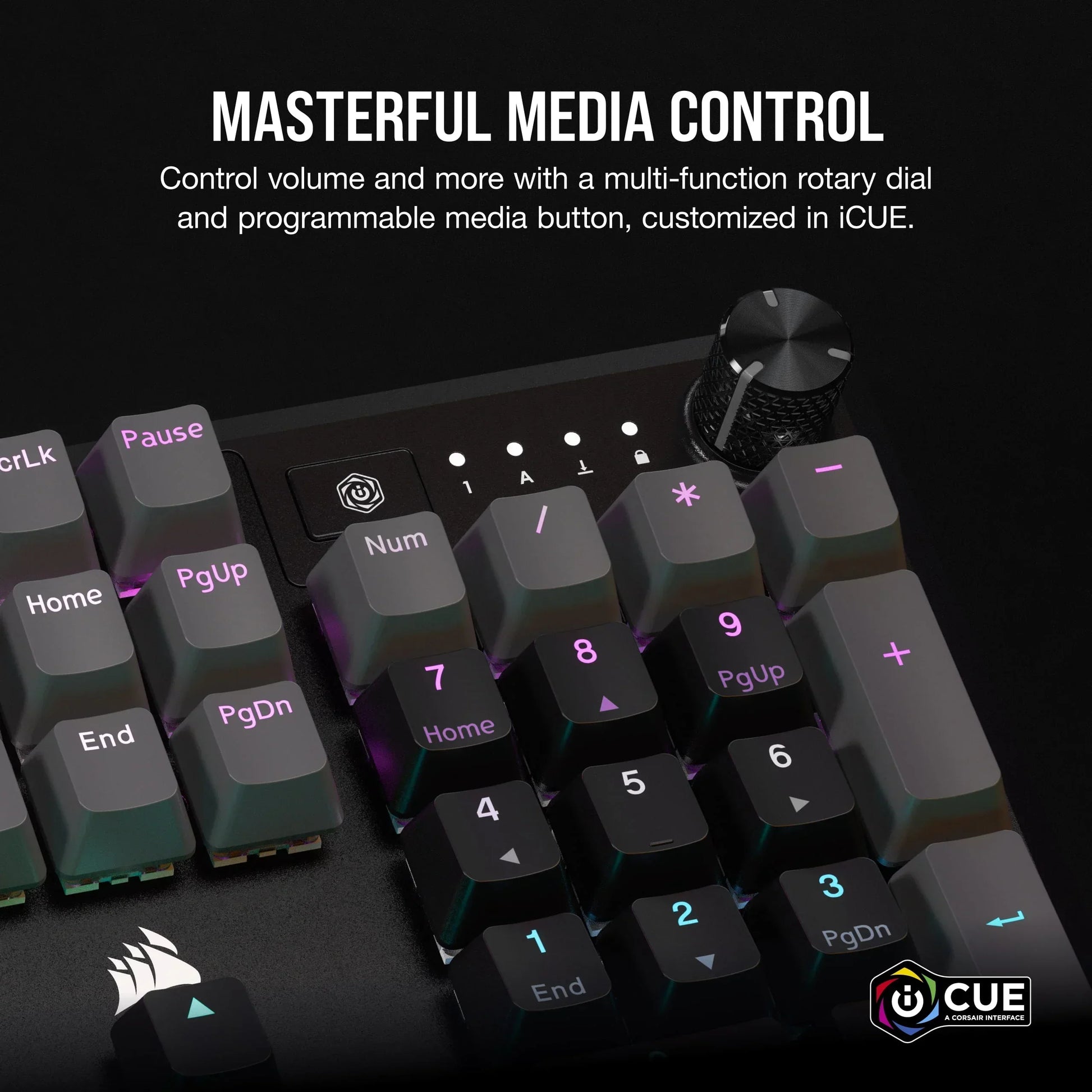 RGB gaming keyboard with rotary media control dial, customizable in iCUE, on black background
