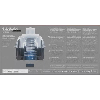 SteelSeries Apex Pro TKL Wireless keyboard switch cutaway diagram and key features on gray box